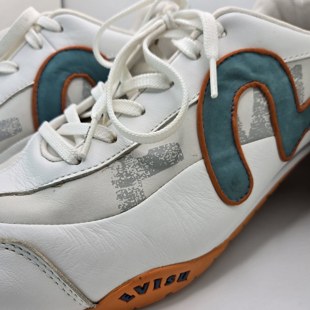 Evisu Japanese Vintage White and Teal Sneakers with Orange Accents Rare Find